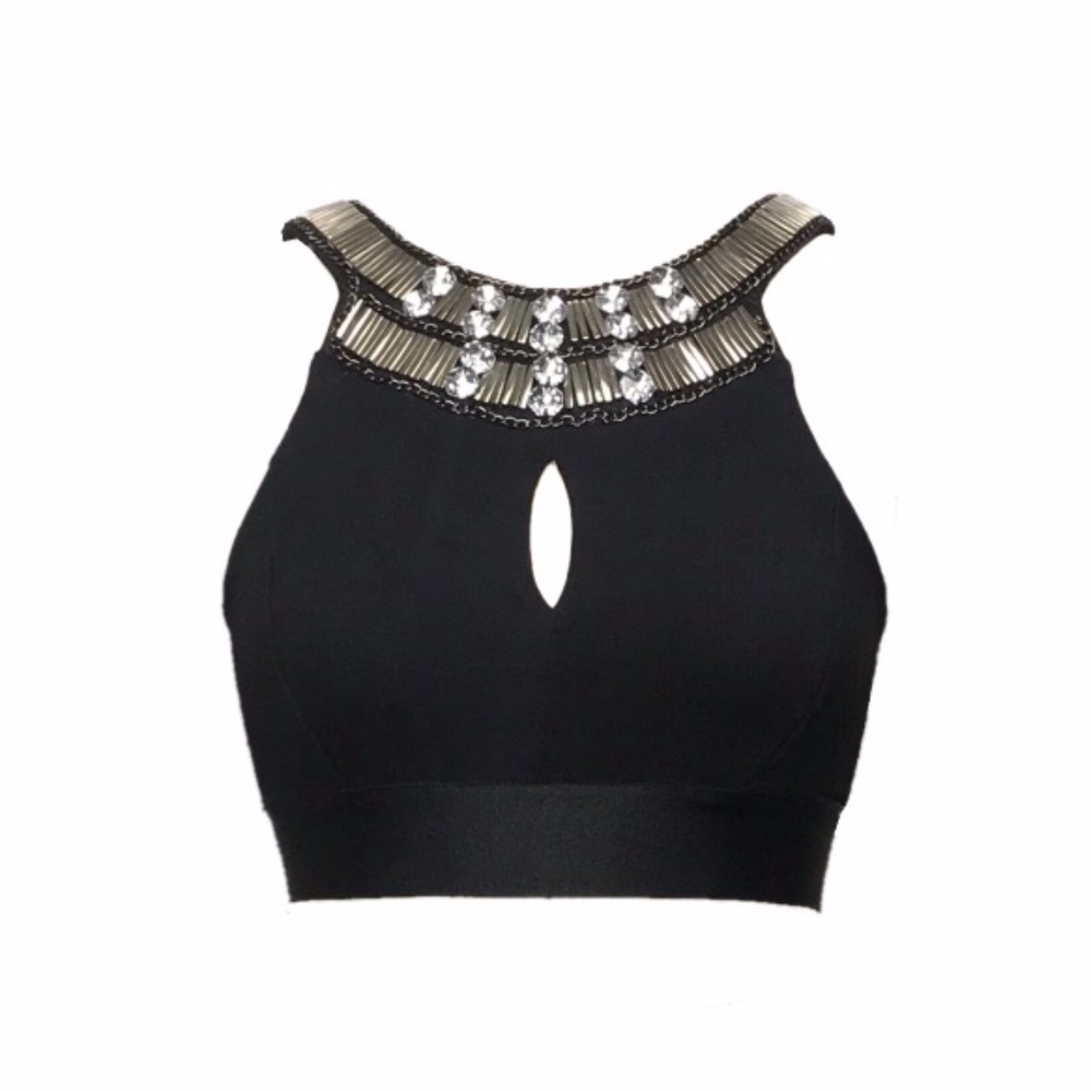 Bebe Black Crop Top with Silver Embellished Collar